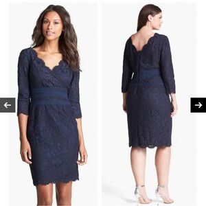 Tadashi Shoji Navy deep V lace knee length dress 16P